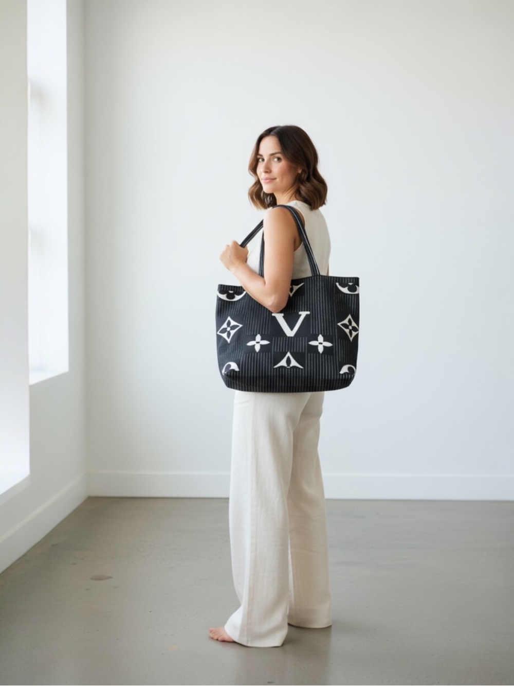 Textured Knit Tote Bag Black White Oversized Shoulder Bag Travel Beach - Picture 3 of 6